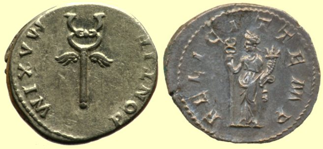 A caduceus on a denarius of Nero and a caduceus held by Felicitas on a Antoninius of Gordian III