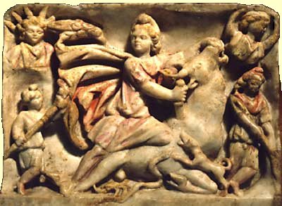 Mithras slaying Bull Sol in upper left corner.