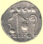 Four priestly implements on a coin from Vespasian (69-79 AD) left to right Simpulum, Aspergillum, Praeferculum and Lituus.