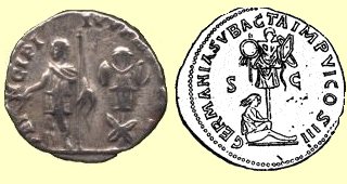 Coins showing left Caracalla with tropaeum and right Germania mourning under tropaeum
