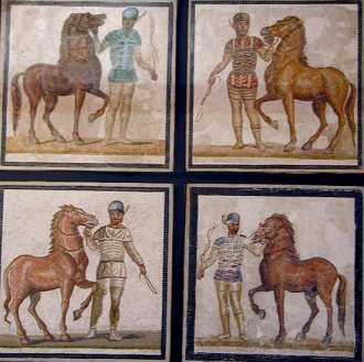 Mosaic of a green, red, white and blue charioteer. from the Palazzo Massimo